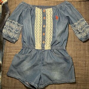 U.S. Polo Assn Girls Denim Romper Size 4 Off Shoulder Embroidered